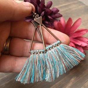 Copper blue tassel dangle statement earrings